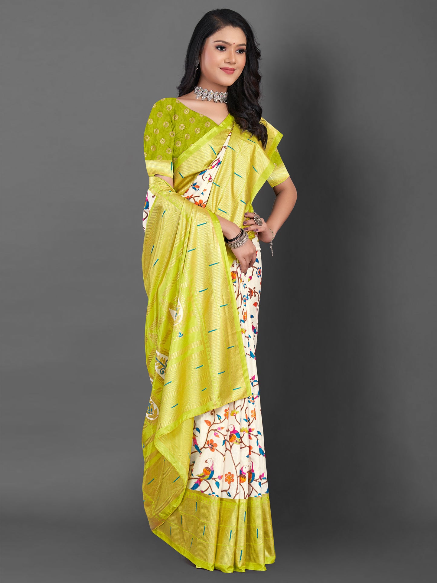 Women's Dola Silk Off White Printed Designer Saree With Blouse Piece