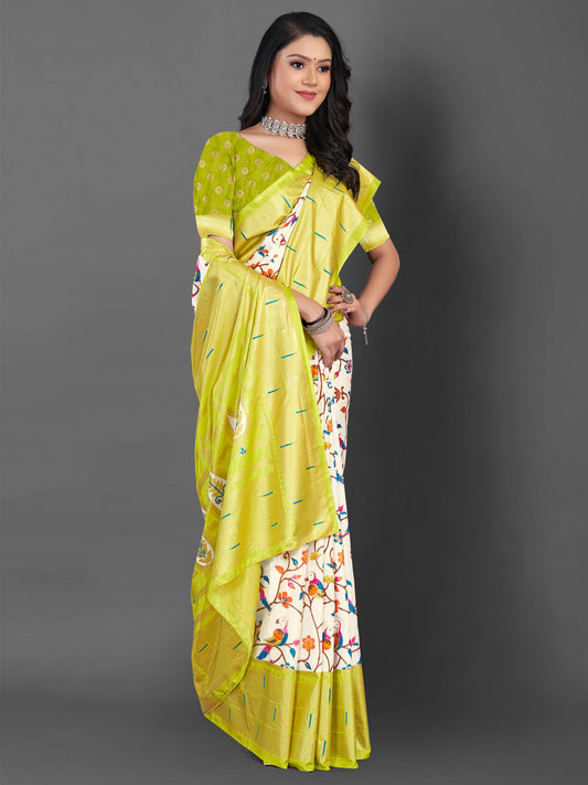 Women's Dola Silk Off White Printed Designer Saree With Blouse Piece