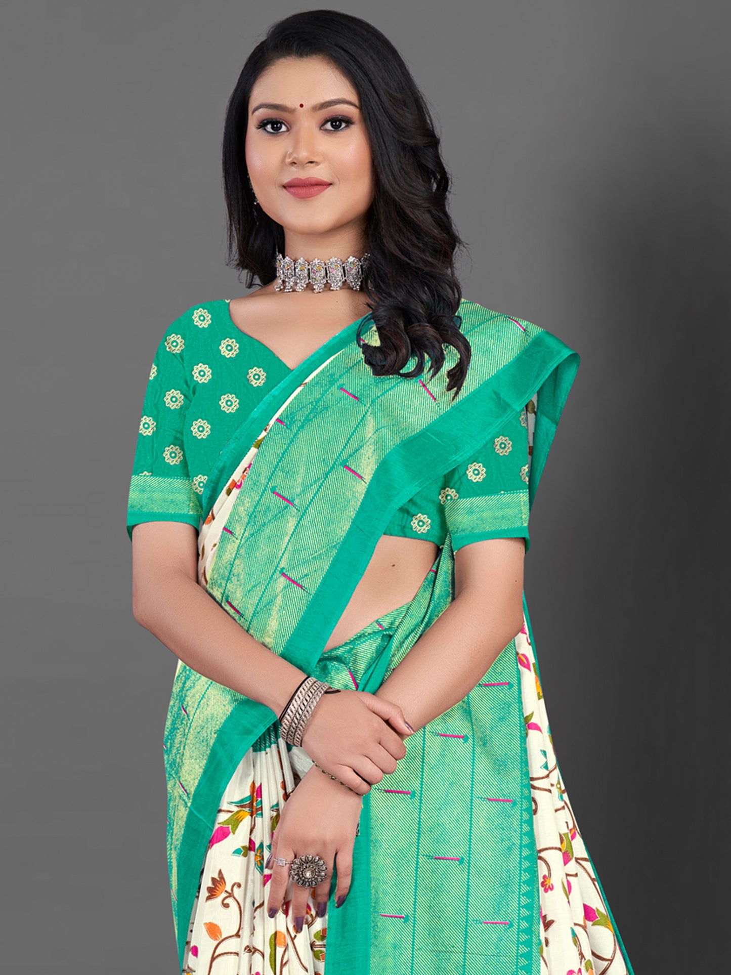 Women's Dola Silk Off White Printed Designer Saree With Blouse Piece