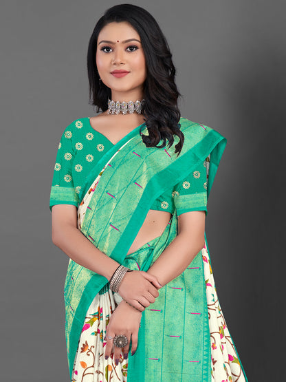 Women's Dola Silk Off White Printed Designer Saree With Blouse Piece