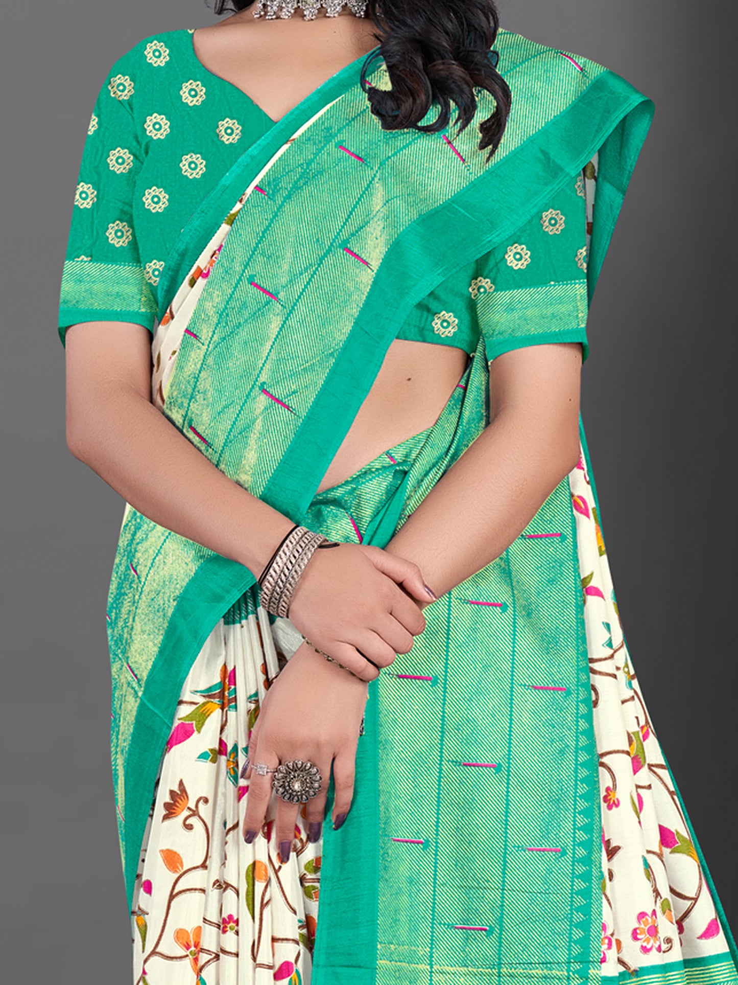 Women's Dola Silk Off White Printed Designer Saree With Blouse Piece