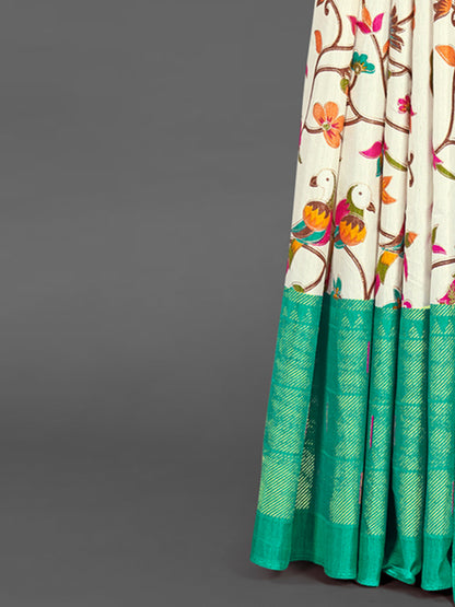 Women's Dola Silk Off White Printed Designer Saree With Blouse Piece