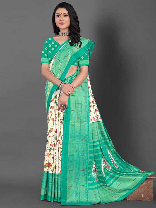 Women's Dola Silk Off White Printed Designer Saree With Blouse Piece
