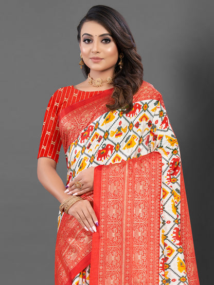 Women's Dola Silk White Printed Designer Saree With Blouse Piece