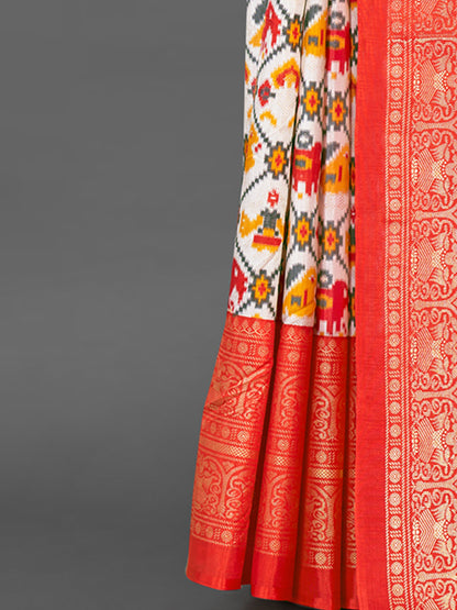 Women's Dola Silk White Printed Designer Saree With Blouse Piece