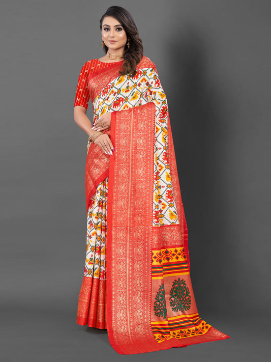 Women's Dola Silk White Printed Designer Saree With Blouse Piece