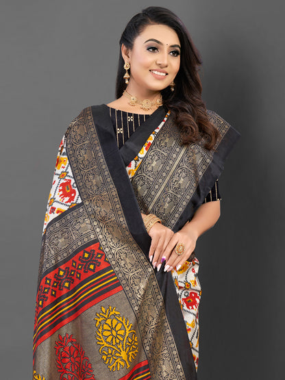 Women's Dola Silk White Printed Designer Saree With Blouse Piece