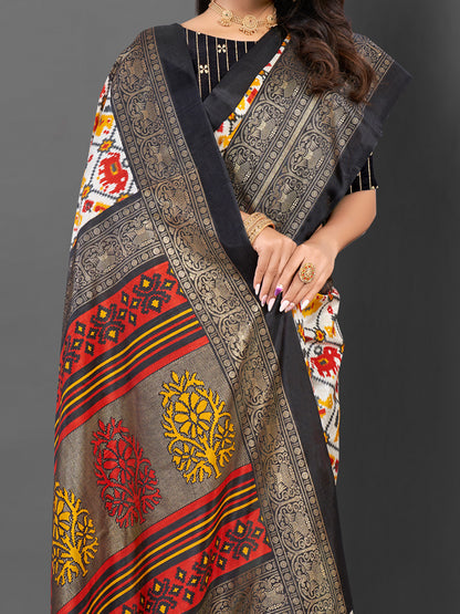 Women's Dola Silk White Printed Designer Saree With Blouse Piece
