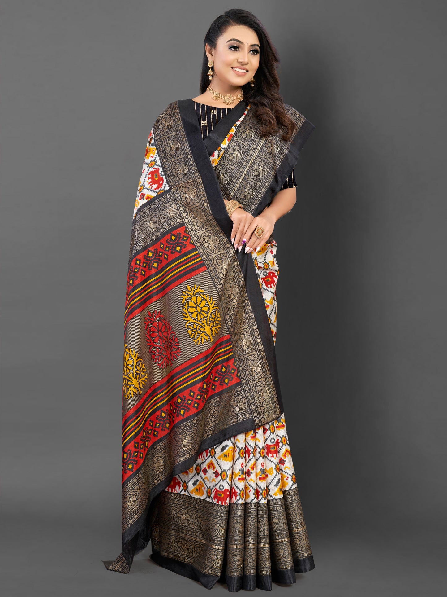 Women's Dola Silk White Printed Designer Saree With Blouse Piece