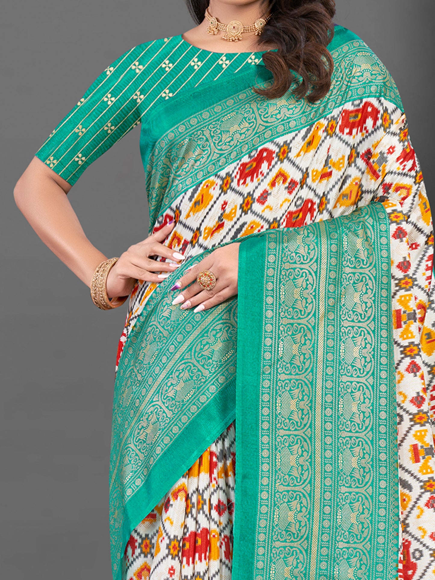 Women's Dola Silk White Printed Designer Saree With Blouse Piece