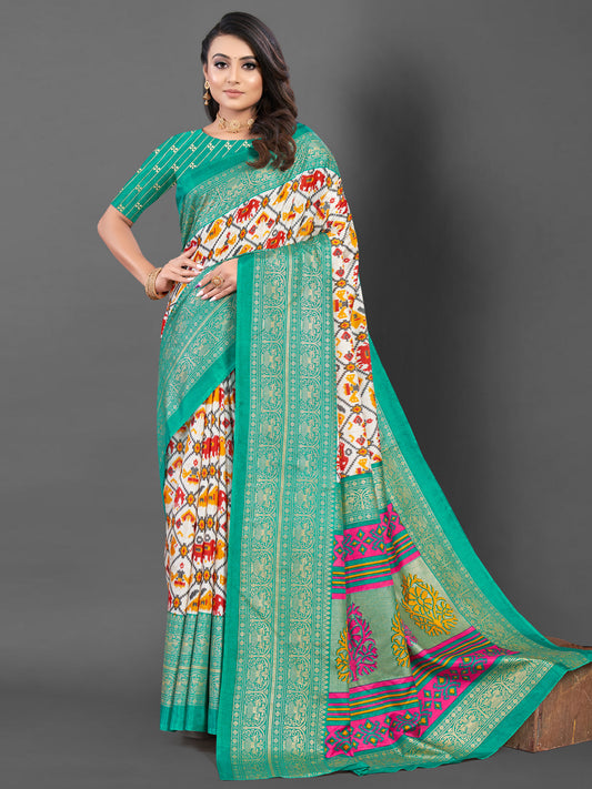 Women's Dola Silk White Printed Designer Saree With Blouse Piece