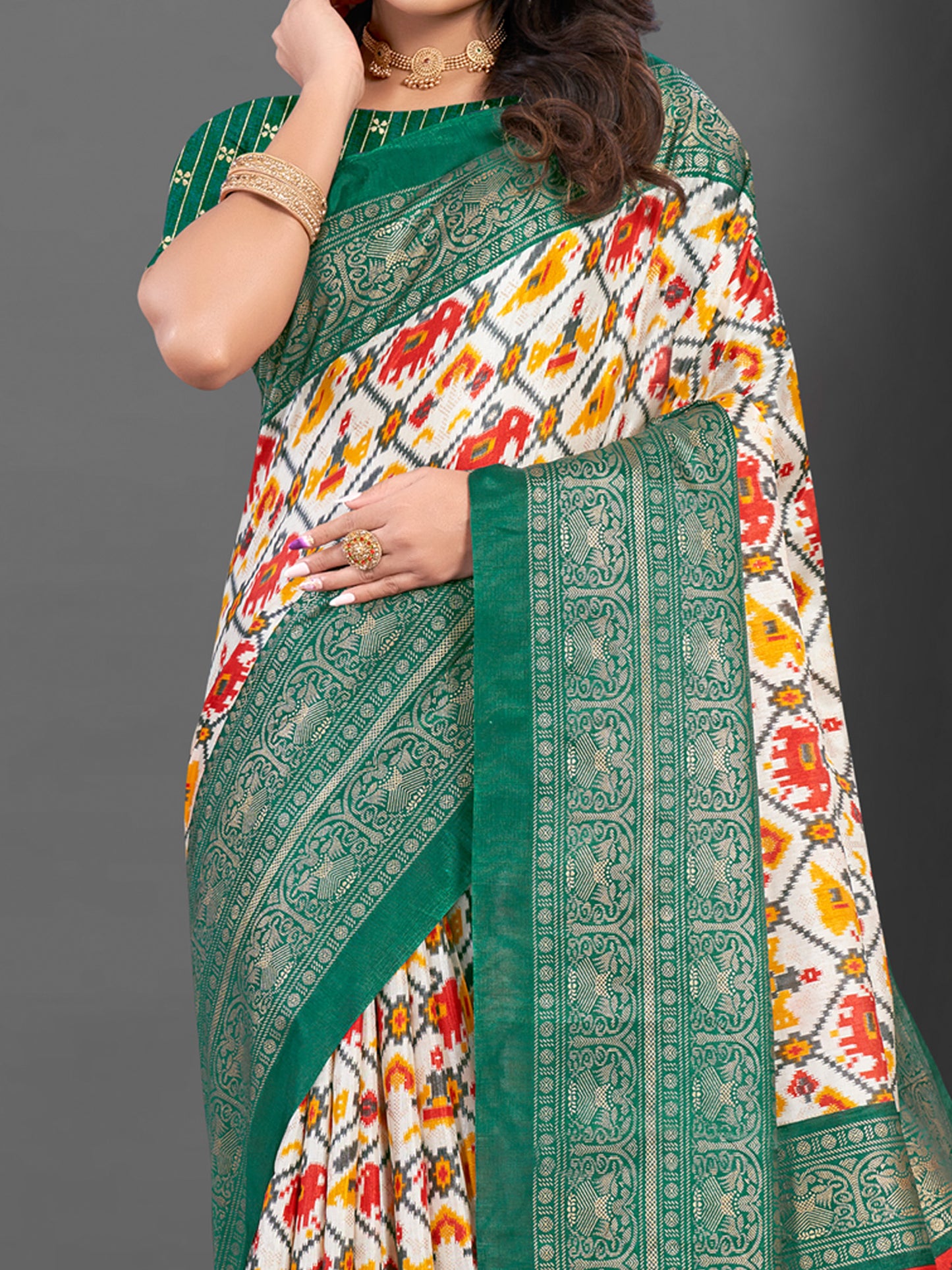 Women's Dola Silk White Printed Designer Saree With Blouse Piece