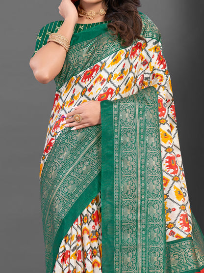 Women's Dola Silk White Printed Designer Saree With Blouse Piece