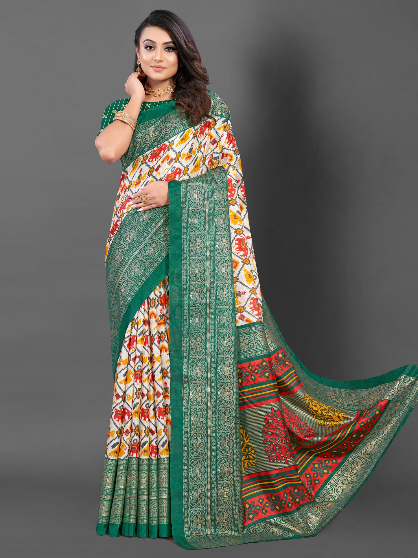 Women's Dola Silk White Printed Designer Saree With Blouse Piece