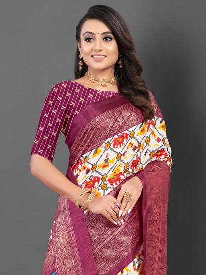 Women's Dola Silk White Printed Designer Saree With Blouse Piece