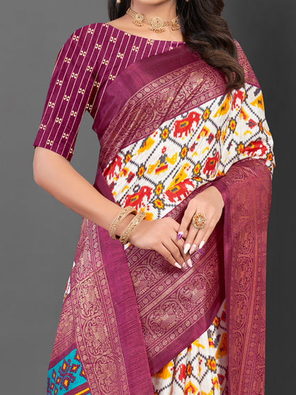 Women's Dola Silk White Printed Designer Saree With Blouse Piece