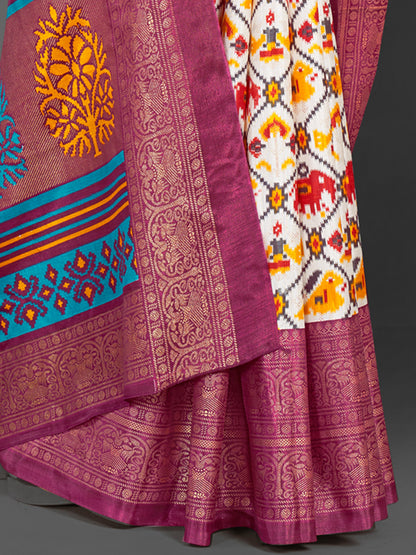 Women's Dola Silk White Printed Designer Saree With Blouse Piece