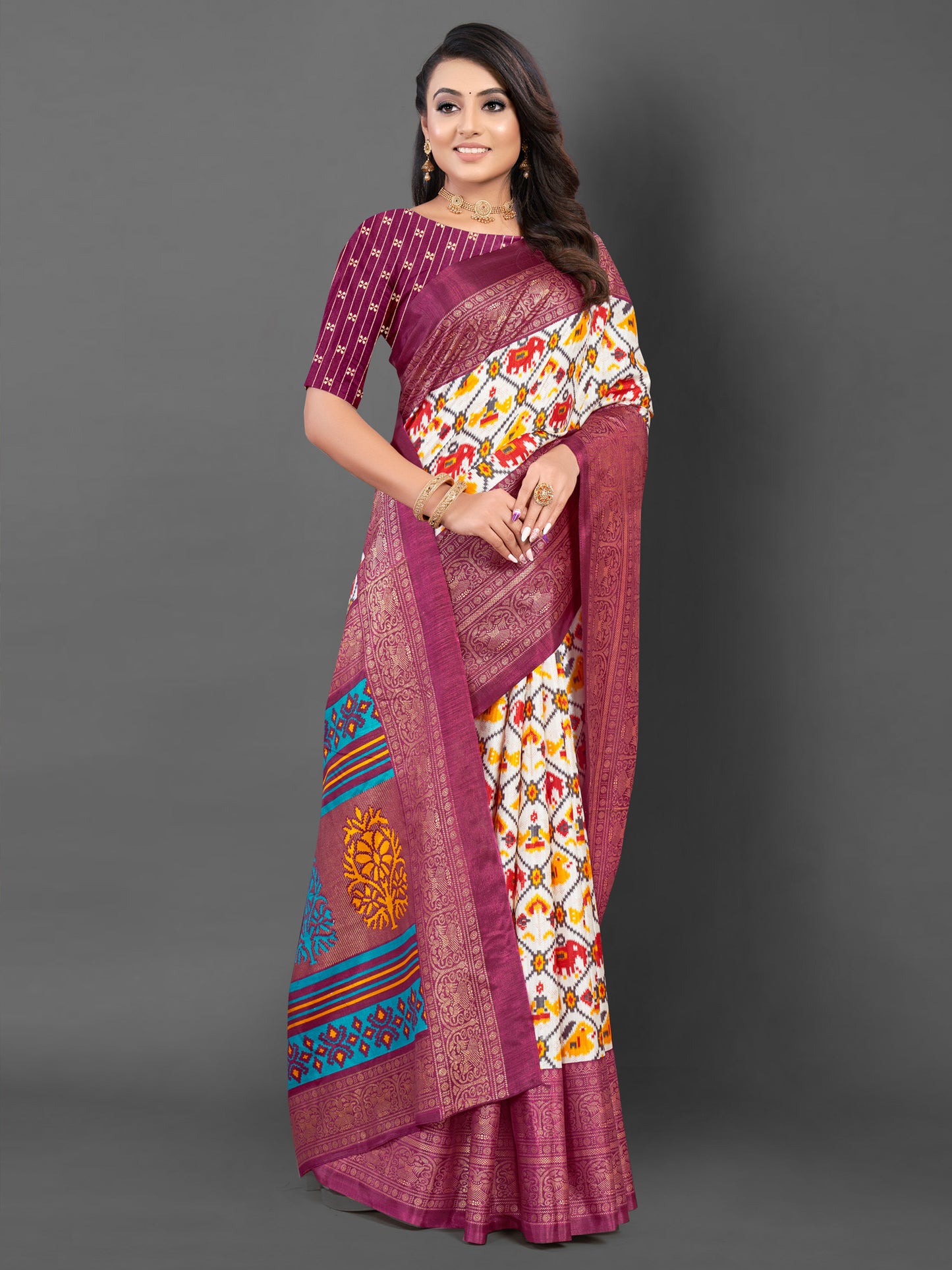 Women's Dola Silk White Printed Designer Saree With Blouse Piece