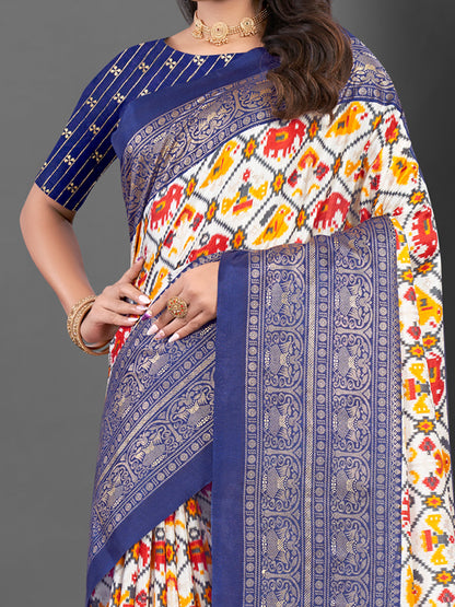 Women's Dola Silk White Printed Designer Saree With Blouse Piece
