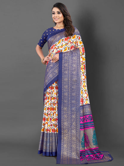 Women's Dola Silk White Printed Designer Saree With Blouse Piece
