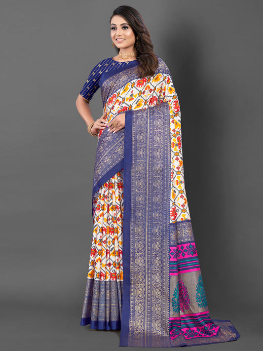 Women's Dola Silk White Printed Designer Saree With Blouse Piece