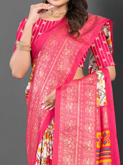 Women's Dola Silk White Printed Designer Saree With Blouse Piece