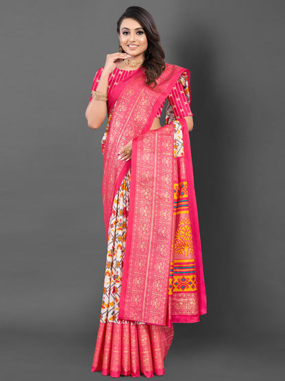 Women's Dola Silk White Printed Designer Saree With Blouse Piece