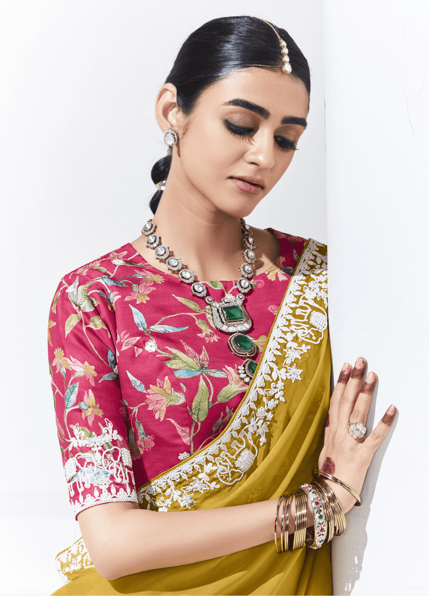 Dhiyona KM Women Mustard Yellow Saree With Floral Blouse “ A Perfect Blend Of Tradition & Style