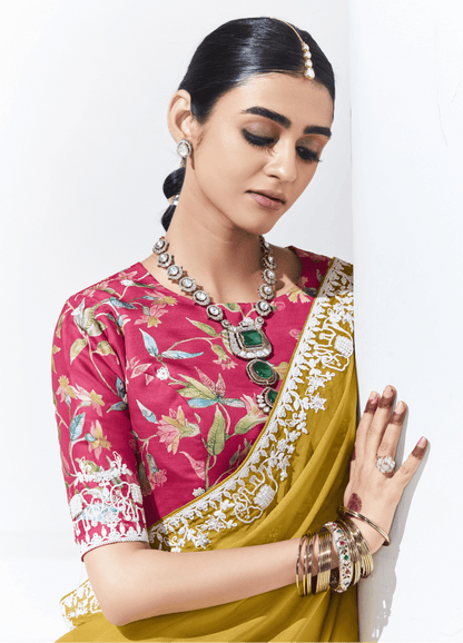Dhiyona KM Women Mustard Yellow Saree With Floral Blouse “ A Perfect Blend Of Tradition & Style
