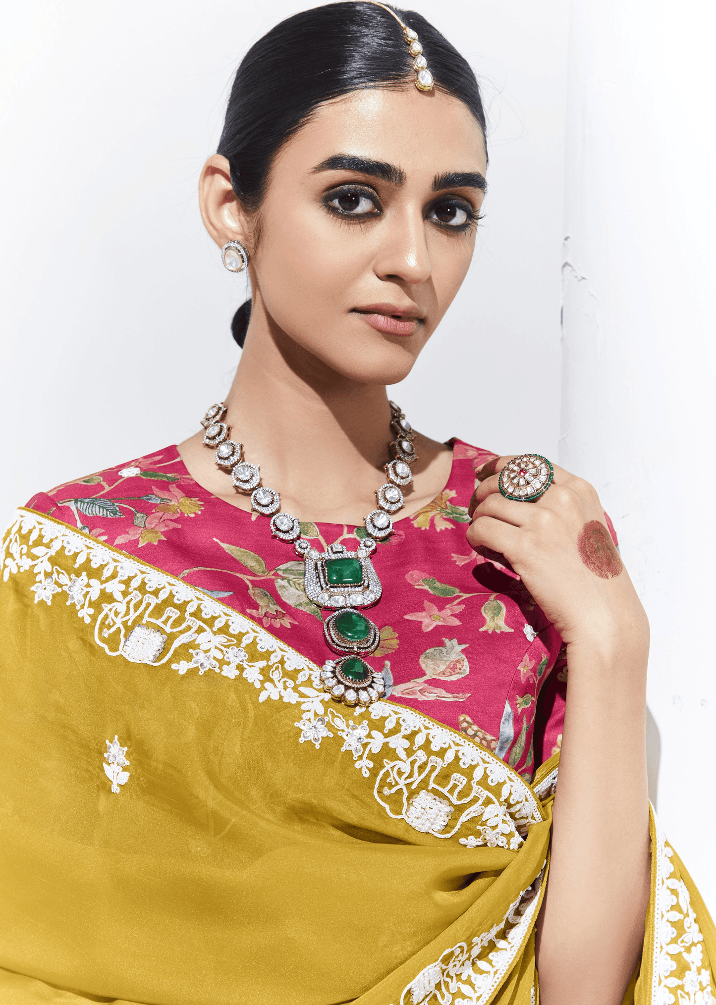 Dhiyona KM Women Mustard Yellow Saree With Floral Blouse “ A Perfect Blend Of Tradition & Style