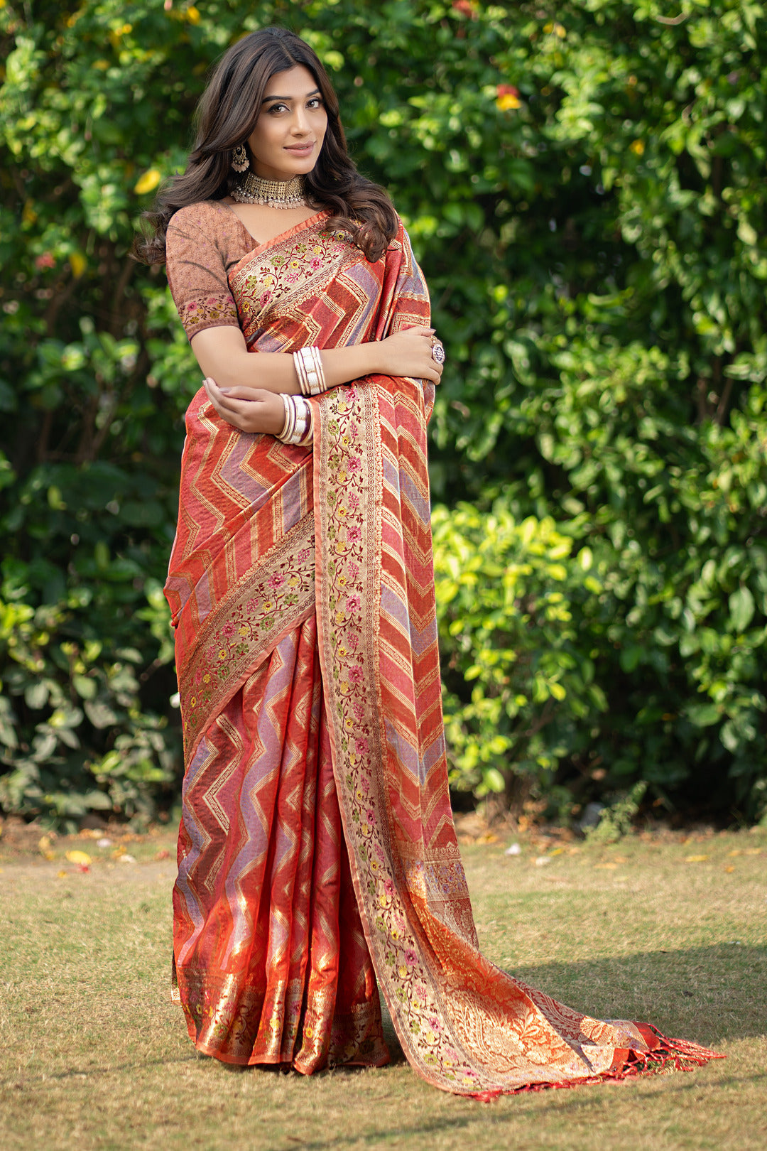 Dhiyona GR Women's Rangkat Safron Orange Leheriya Design Banarasi Organza Saree