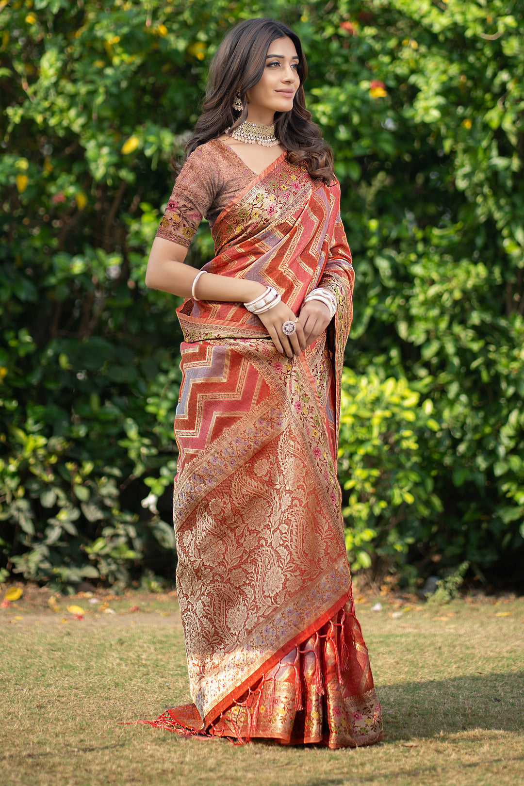 Dhiyona GR Women's Rangkat Safron Orange Leheriya Design Banarasi Organza Saree
