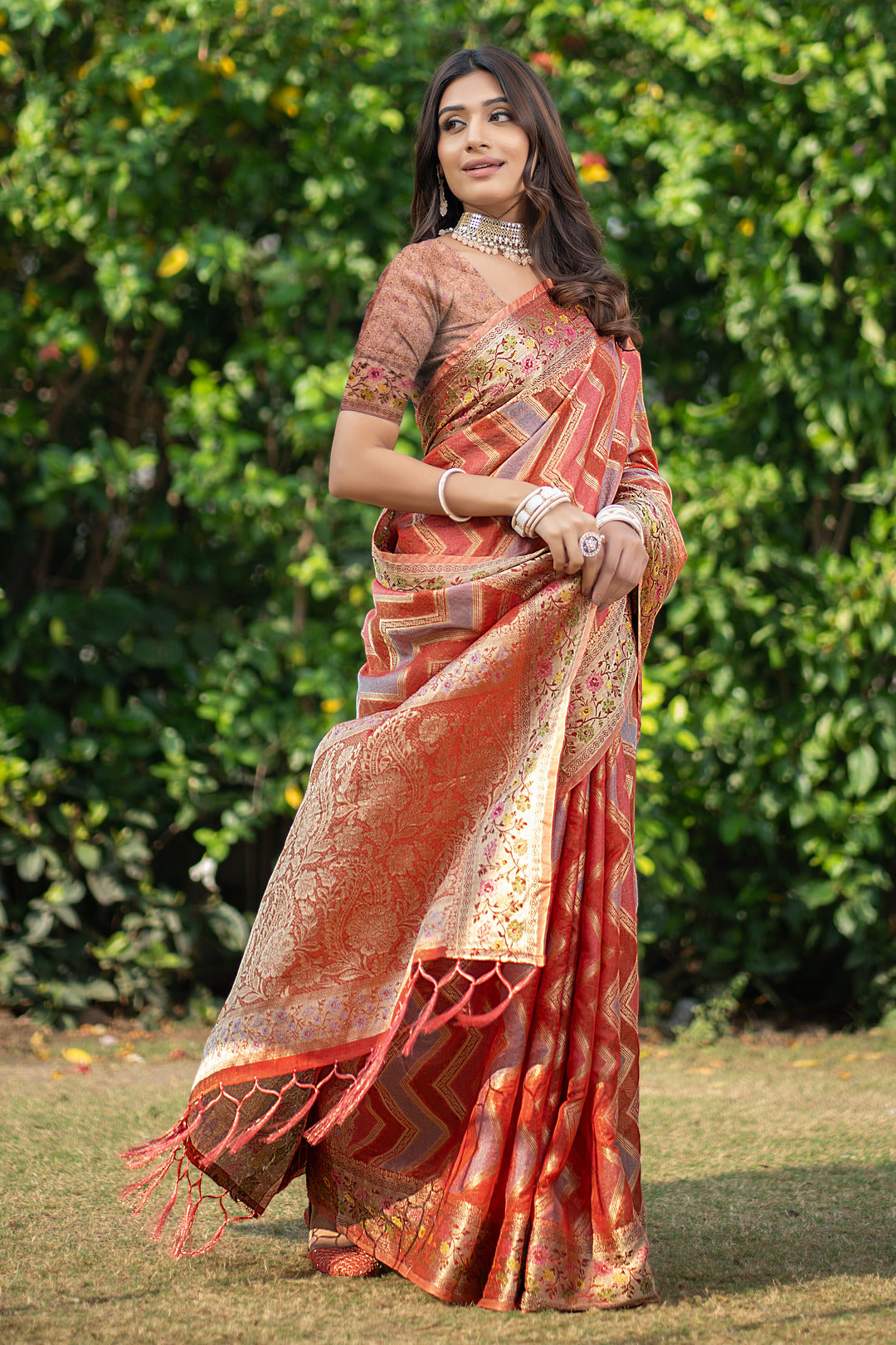 Dhiyona GR Women's Rangkat Safron Orange Leheriya Design Banarasi Organza Saree