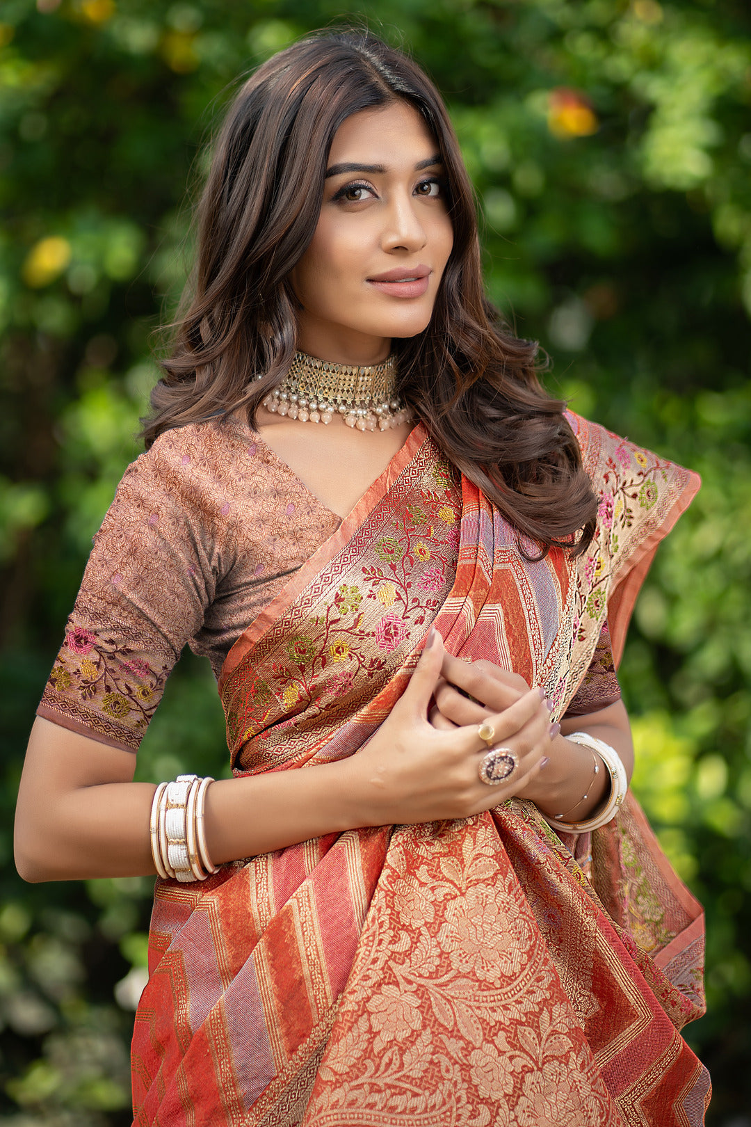 Dhiyona GR Women's Rangkat Safron Orange Leheriya Design Banarasi Organza Saree