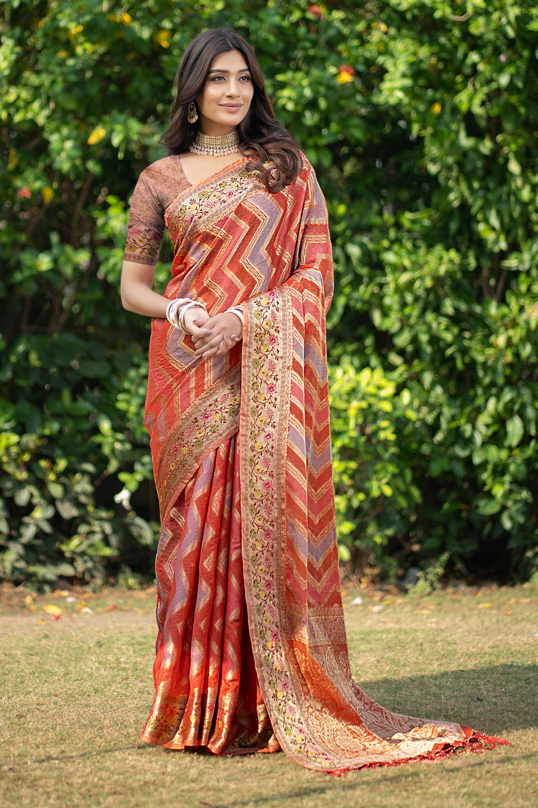 Dhiyona GR Women's Rangkat Safron Orange Leheriya Design Banarasi Organza Saree