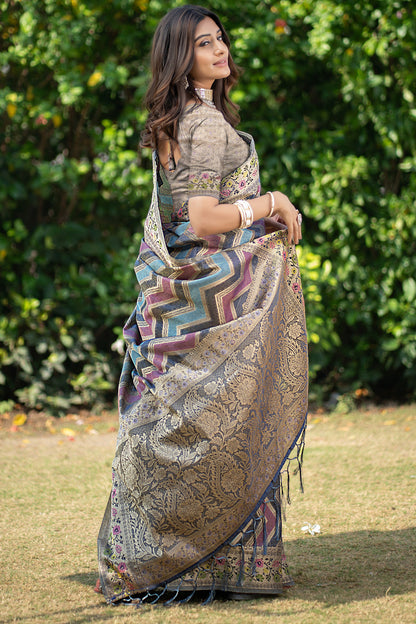 Dhiyona GR Women's Rangkat Lapis Lazuli Teal Leheriya Design Banarasi Organza Saree