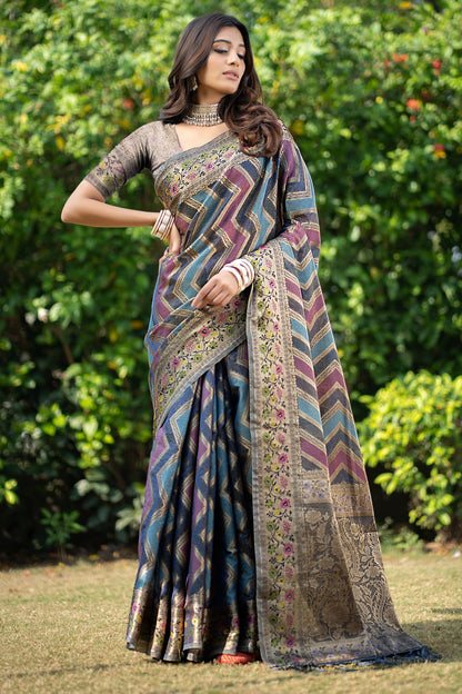 Dhiyona GR Women's Rangkat Lapis Lazuli Teal Leheriya Design Banarasi Organza Saree