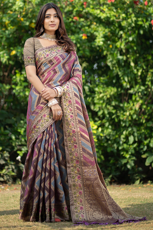 Dhiyona GR Women's Rangkat Purpureus Wine Leheriya Design Banarasi Organza Saree