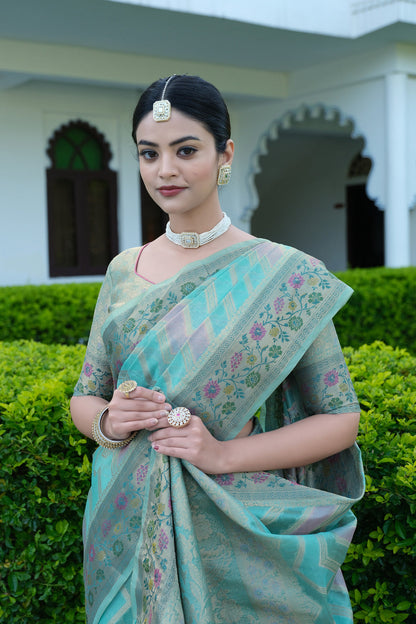 Dhiyona GR Women's Rangkat Baby Blue Leheriya Design Banarasi Organza Saree
