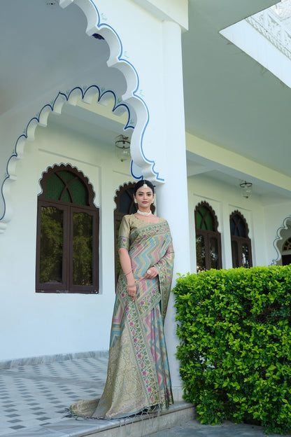 Dhiyona GR Women's Rangkat Ash Grey Leheriya Design Banarasi Organza Saree