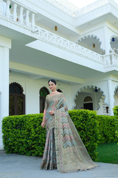 Dhiyona GR Women's Rangkat Ash Grey Leheriya Design Banarasi Organza Saree