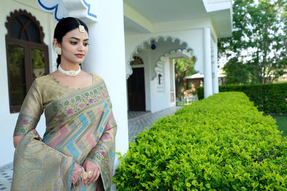 Dhiyona GR Women's Rangkat Ash Grey Leheriya Design Banarasi Organza Saree