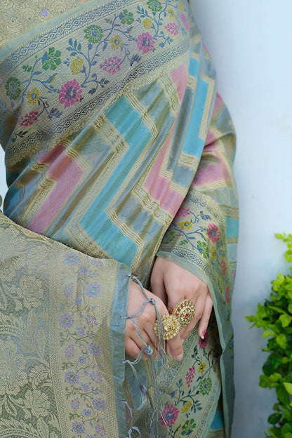Dhiyona GR Women's Rangkat Ash Grey Leheriya Design Banarasi Organza Saree