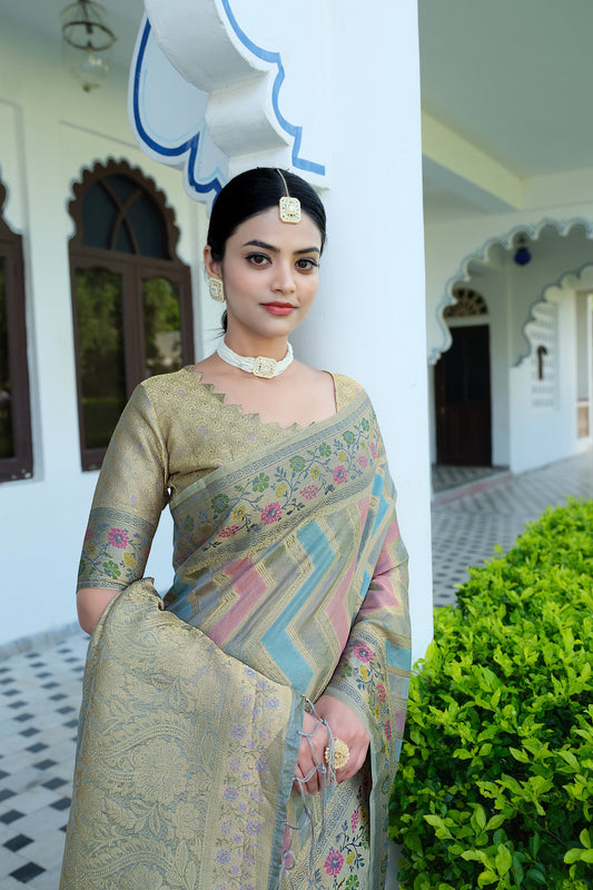 Dhiyona GR Women's Rangkat Ash Grey Leheriya Design Banarasi Organza Saree
