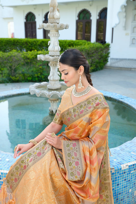 Dhiyona GR Women's Rangkat Pumpkin Orange Leheriya Design Banarasi Organza Saree