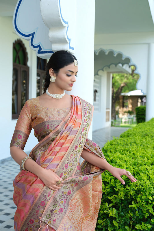 Dhiyona GR Women's Rangkat Salmon Pink Leheriya Design Banarasi Organza Saree