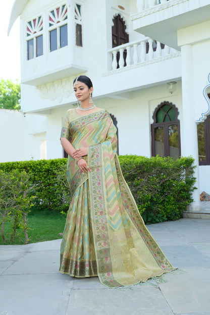 Dhiyona GR Women's Rangkat Sage Green Leheriya Design Banarasi Organza Saree