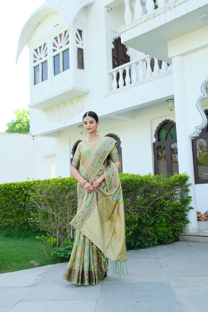 Dhiyona GR Women's Rangkat Sage Green Leheriya Design Banarasi Organza Saree