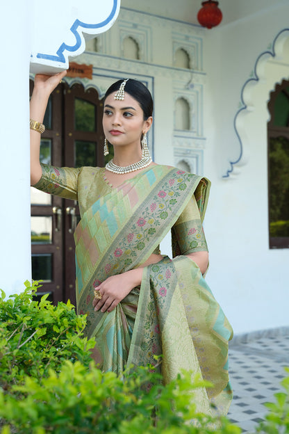 Dhiyona GR Women's Rangkat Sage Green Leheriya Design Banarasi Organza Saree