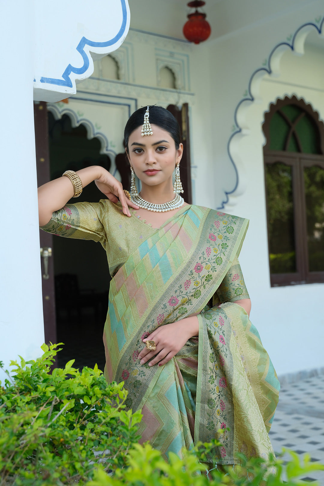 Dhiyona GR Women's Rangkat Sage Green Leheriya Design Banarasi Organza Saree